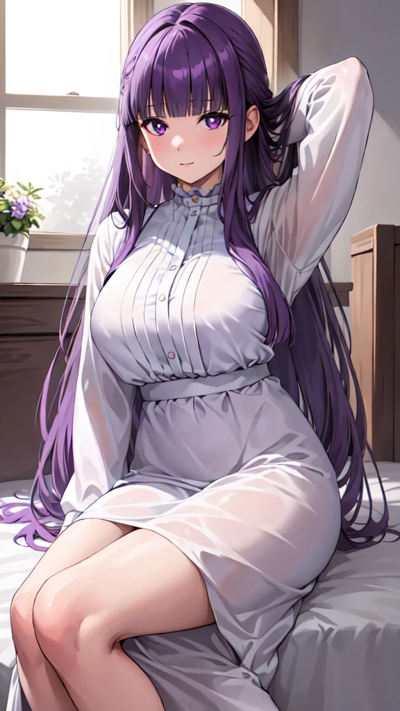 masterpiece, Highest quality, High resolution, Arfern, Long Hair, Purple Hair, Blunt bangs, Purple eyes, Large Breasts, Long dress, White Dress, Long sleeve, Sitting,arms behind head, Bedroom,(Puffing one’s cheeks), Cowboy Shot,