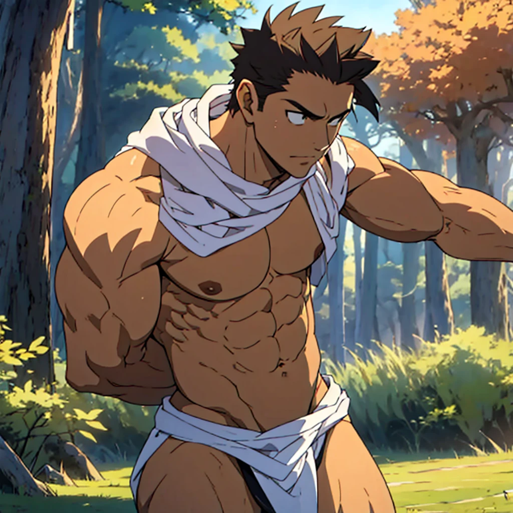 Muscular young man in,fundoshi , big pack big chest muscular abdomen in the field
