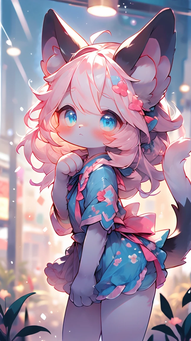  Extremely detailed, pretty, Fair, masterpiece, best quality, Calming color palette, A calm mood,White，White绒毛，Fluffy white ears and tail，blush blush，HD Wallpapers，16k resolution, Powerful blue eyes，hairy尾巴，Pink cat ears，Plush body，paw,hairy,浑身hairy，Long legs，blush，White迷你裙，White毛发，Looking up