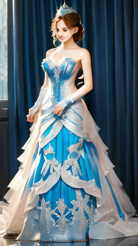 The princess stands before you, clad in an armor of ice that transfigures her into a true queen of the snowy realm. Each armor piece is a frozen masterpiece, crafted with painstaking precision. The shoulder pads exhibit ice spikes, acting as chiseled defenses that glisten with reflected shades of blue and white. Intricate designs of frosted crystals embellish every surface, presenting a mesmerizing display that seems to sway under the light. Translucent plates shield her chest, akin to living glass, reflecting and scattering light into a myriad of shimmering tones. Delicate ice pendants dangle from her armor, emitting a soft,