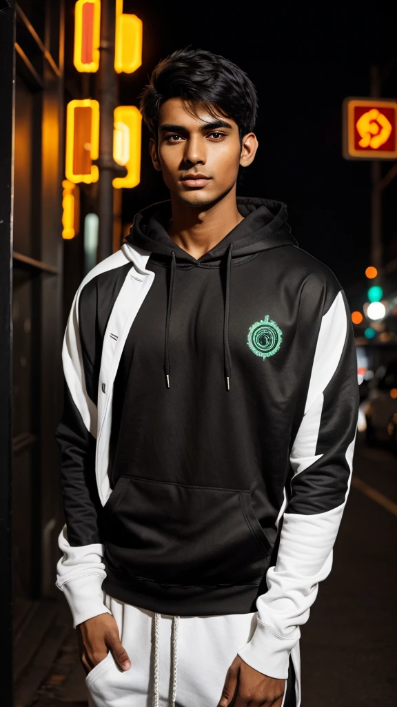 An Indian youth, his face fully revealed, stands confidently amidst the cybernetic cityscape. Adorned in a white and black hoodie, he exudes a sense of urban style and intrigue. Soft orange and green lights gently illuminate the scene, accentuating his features and the details of the surroundings. Alongside him, a sleek black cat adds to the enigmatic atmosphere of the night.