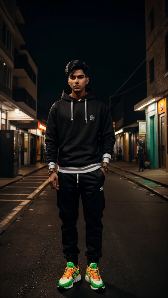An Indian youth, his face fully revealed, stands confidently amidst the cybernetic cityscape. Adorned in a white and black hoodie, he exudes a sense of urban style and intrigue. Soft orange and green lights gently illuminate the scene, accentuating his features and the details of the surroundings. Alongside him, a sleek black cat adds to the enigmatic atmosphere of the night.