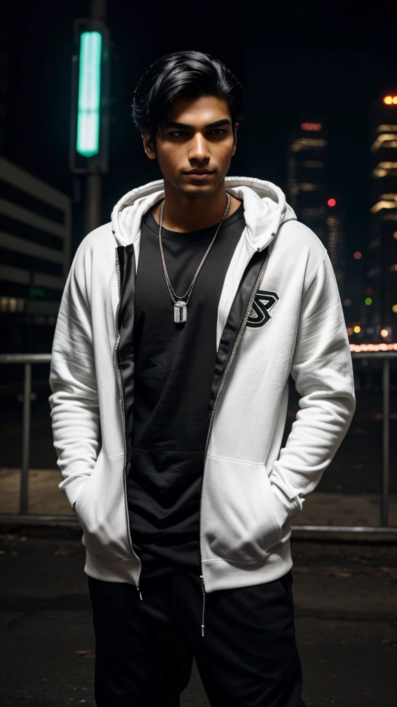 An Indian youth, his face fully revealed, stands confidently amidst the cybernetic cityscape. Adorned in a white and black hoodie, he exudes a sense of urban style and intrigue. Soft orange and green lights gently illuminate the scene, accentuating his features and the details of the surroundings. Alongside him, a sleek black cat adds to the enigmatic atmosphere of the night.
