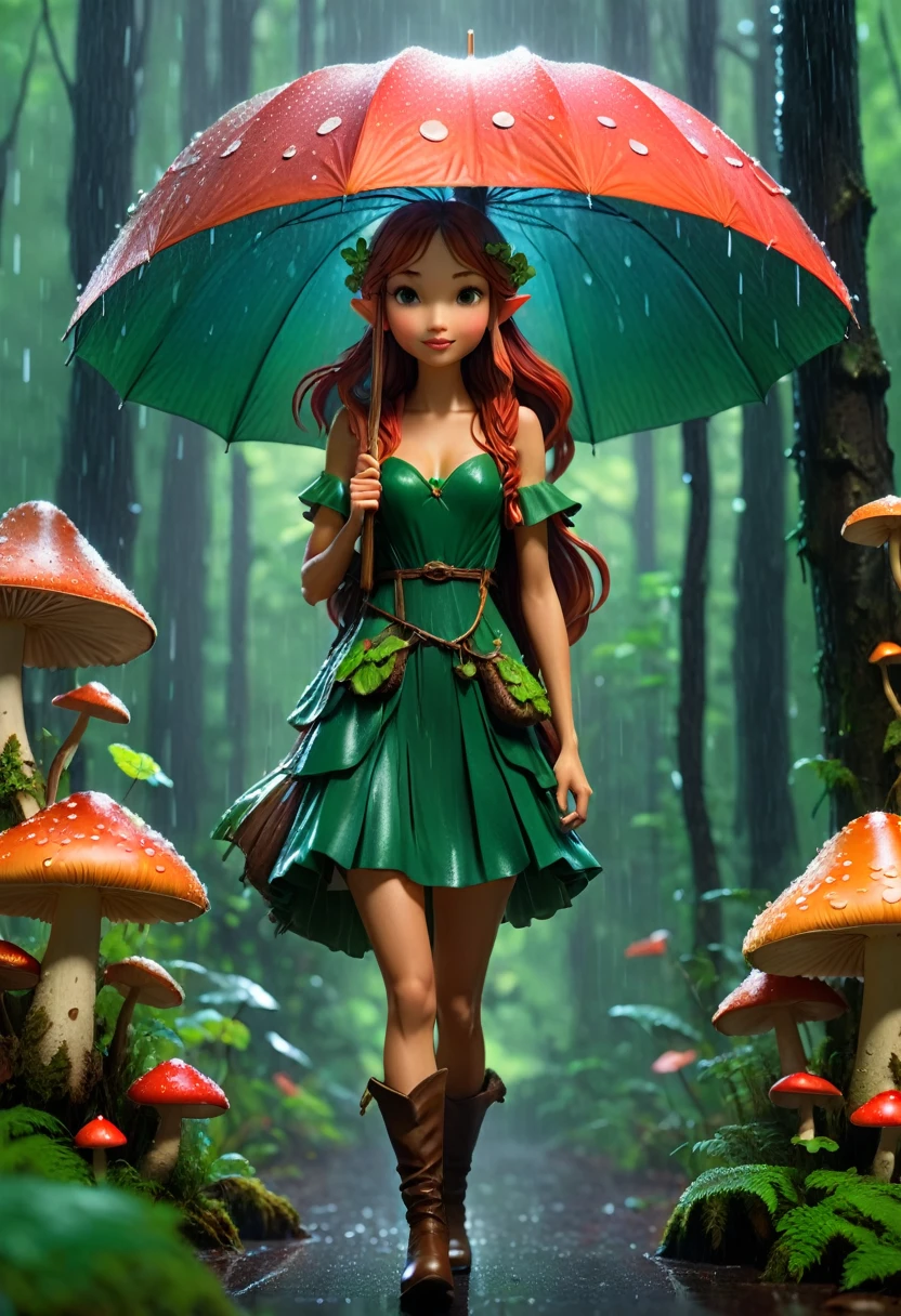 detailed, 8K, Movie angle, in the rain、A fairy woman holding a mushroom umbrella stands in the forest。. 