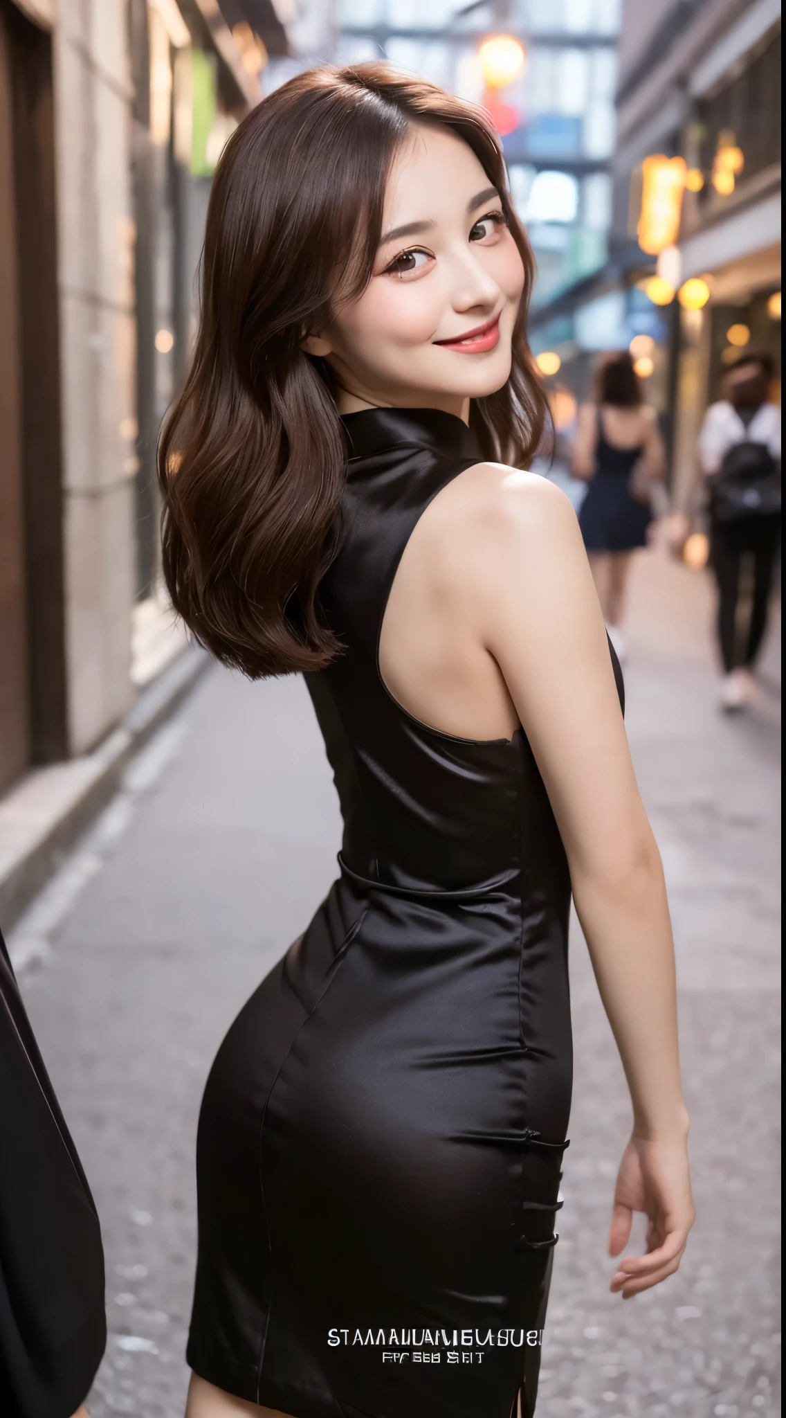 ((Top quality、8K、masterpiece、:1.3))、1 Girl、a smile、whole body、Thin face、Pretty Woman、(Dark brown hair)、qipao dress:1.1、Super detailed face、Delicate eyes、Double eyelids、Blurred background、Thin face、Night view、appearance、street、Raw,Back，walk，Raw,Back