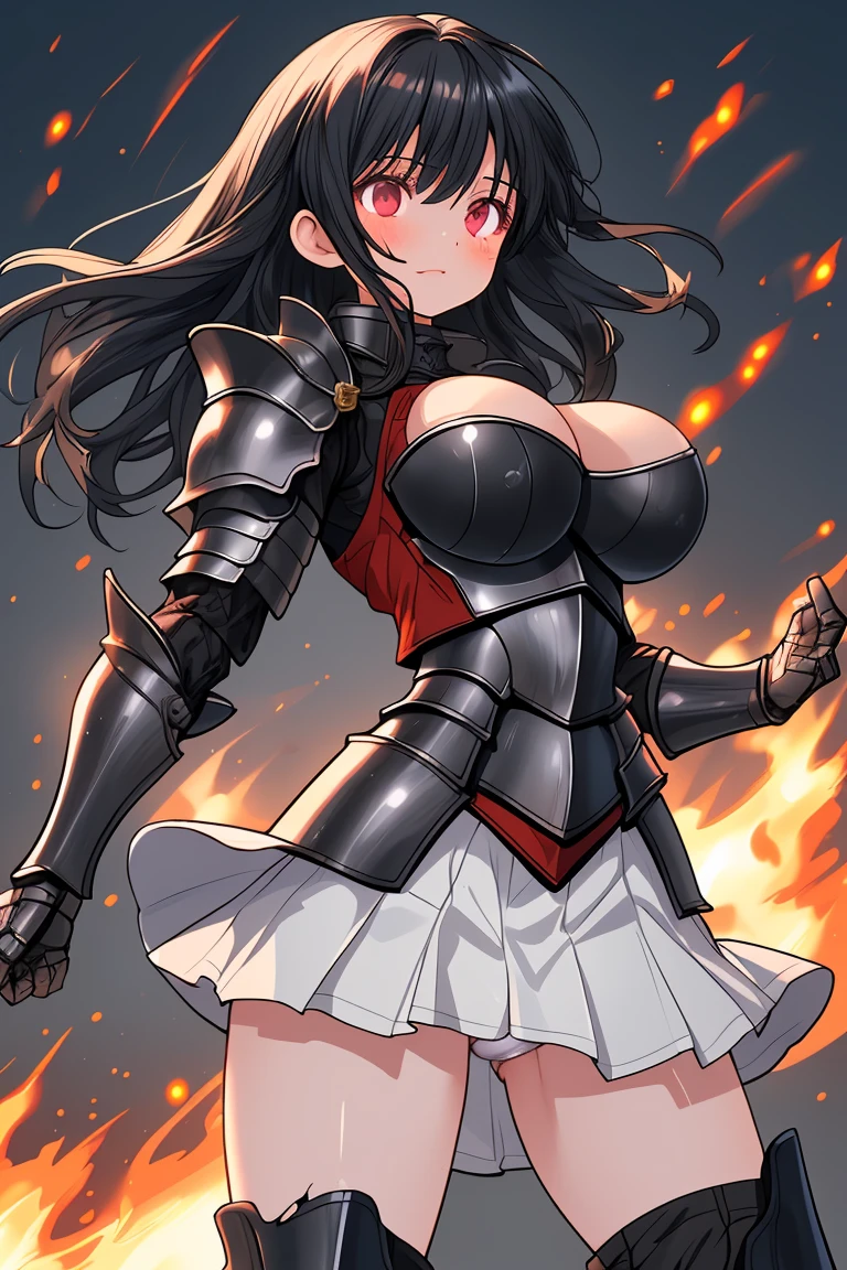 female knight　Black Hair　armor　Torn white skirt　White underwear　Big Breasts　battlefield　Flaming