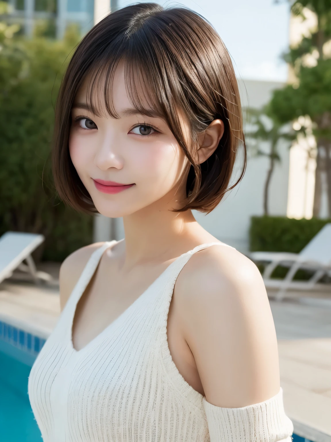masutepiece, Best Quality, Illustration, Ultra-detailed, finely detail, hight resolution, 8K Wallpaper, Perfect dynamic composition, Beautiful detailed eyes, doress, short Hair, mid-chest, Natural Color Lip, Random and sexy poses,Smile, Blurred Poolside background、20 years girl、Colossal 、Too much exposure、No shoulder knitwear(off white)、Exposing the chest、Slid、I keep my hair tied up