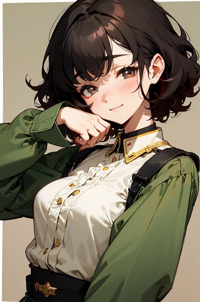 a cute girl, gorgeous face, has a sleepy look, a soft expression and a sleepy aura, she is smiling a little, curly short hair, black hair with red highlights, sleepy gray eyes, wears a military outfit from the Victorian era, small breast, anime style.