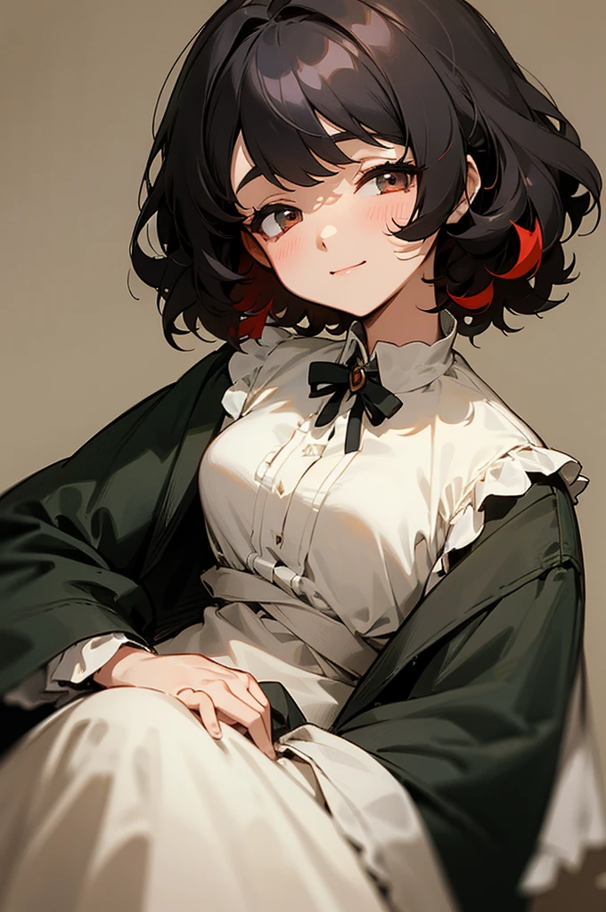 a cute girl, gorgeous face, has a sleepy look, a soft expression and a sleepy aura, she is smiling a little, curly short hair, black hair with red highlights, sleepy gray eyes, wears a military outfit from the Victorian era, small breast, anime style.