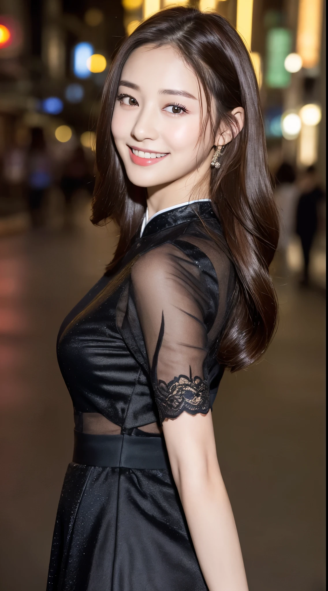 ((Top quality、8K、masterpiece、:1.3))、1 Girl、a smile、whole body、Thin face、Pretty Woman、(Dark brown hair)、qipao dress:1.1、Super detailed face、Delicate eyes、Double eyelids、Blurred background、Thin face、Night view、appearance、street、Raw,Back,walk,Raw,Back