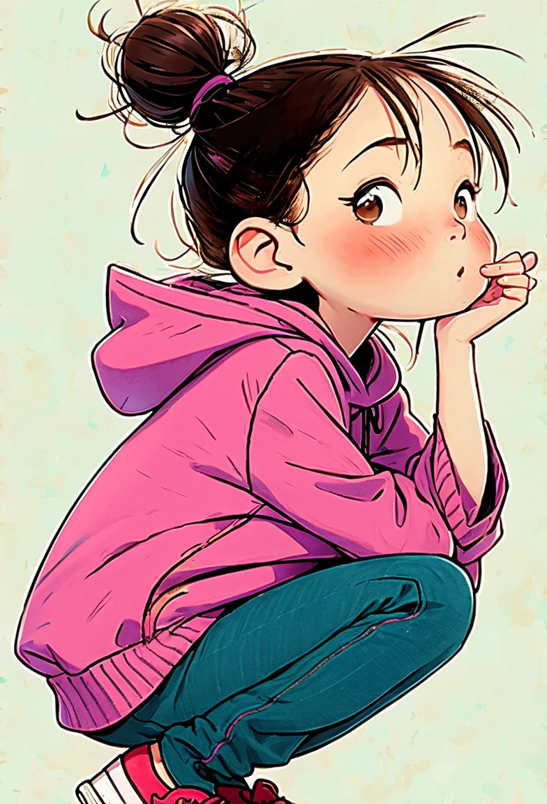 masterpiece, best quality, 8k, cinematic light, ultra high res, chibi, full body, Happy child girl. Bucolic style. Women's children's clothing. Smooth color. Simple art. Ghibli studio style. Strawberry character style.Watase Seizo style, Simple Line Initialism，1girl, blush, black hair, long sleeves, brown eyes, child body, shoes, pants, hood, hair bun, from side, hoodie, profile, animal, black pants, squatting, single hair bun, cat, hood down, sneakers, pink footwear, hands on own face, hands on own cheeks, blue hoodie
