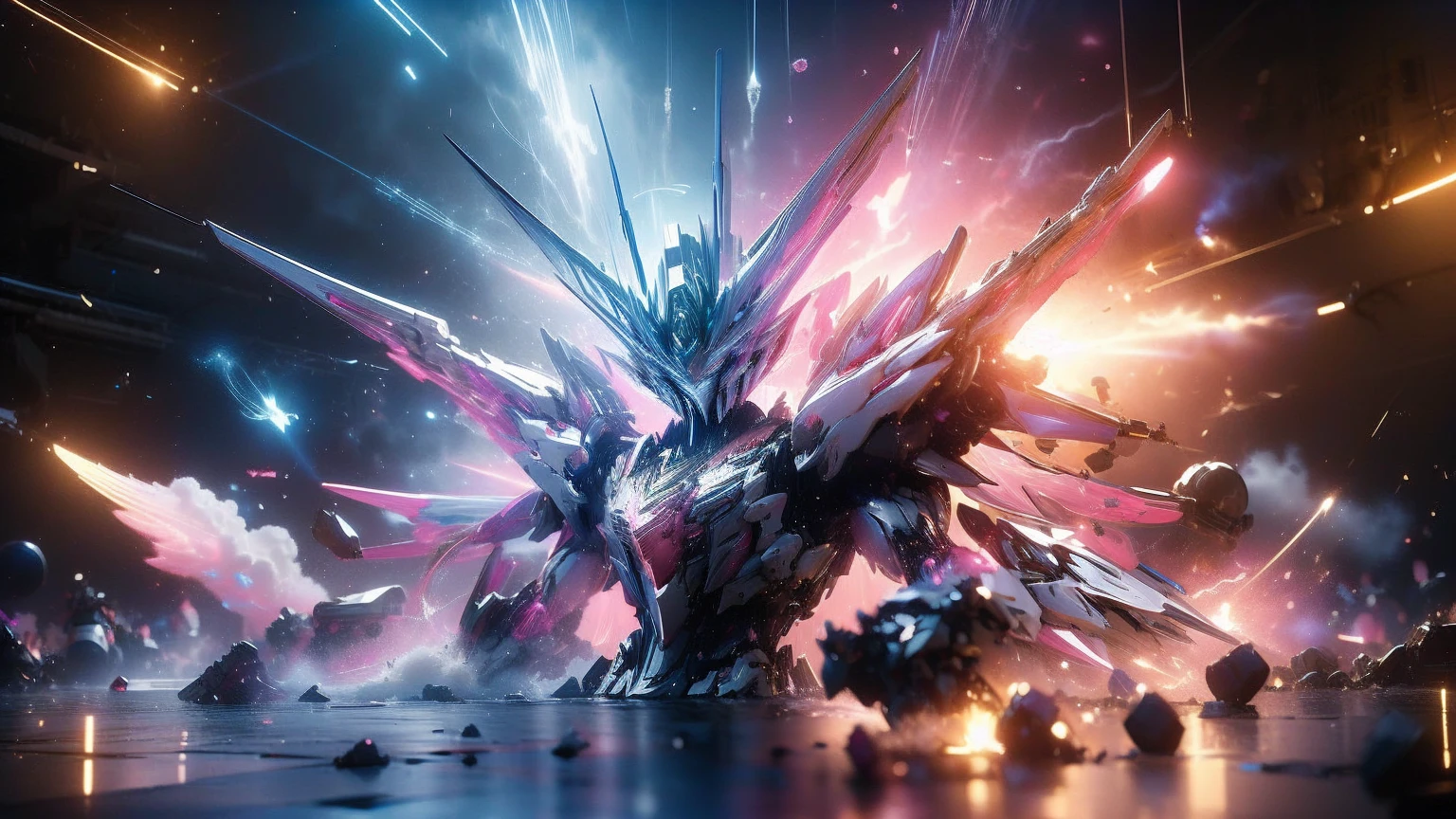 Real、high resolution、8K、The Strike Freedom Gundam stands in space emitting pink light particles.、Particles of light surround the aircraft、Facing the camera、（Female humanoid giant robot）、
