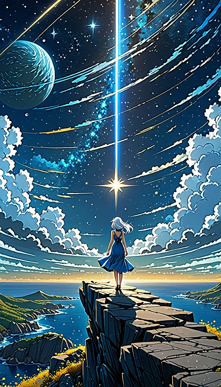 Far view, Wide view, view back a girl standing on a rock looking at a star filled sky, makoto shinkai cyril rolando, white hair, long hair, long dress, blue dress, anime art wallpaper 4k, anime art wallpaper, anime art wallpaper 8k, cosmic skies. by makoto shinkai, inspired by Cyril Rolando, in the style dan mumford artwork, amazing wallpaper, by Yuumei, yellow metalic luster