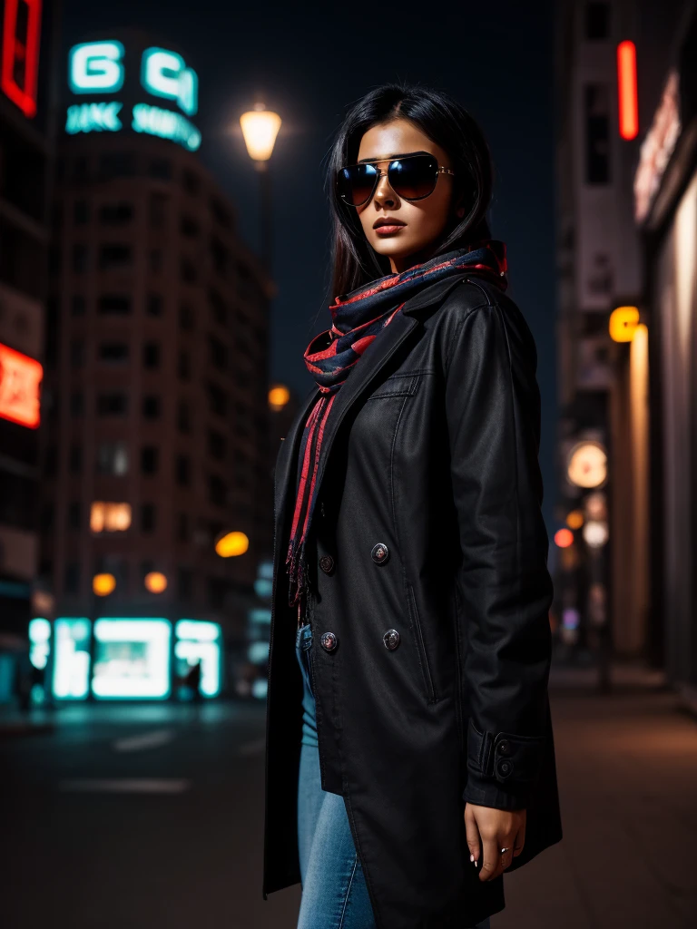 Iranian beautiful girls,Pretty Face,Wearing a dark scarf,Wearing black sunglasses,Cyberpunk city by night,She was wearing a dark open coat,Black jeans,Dramatic Lighting,photography,4K,Ultra-fine details