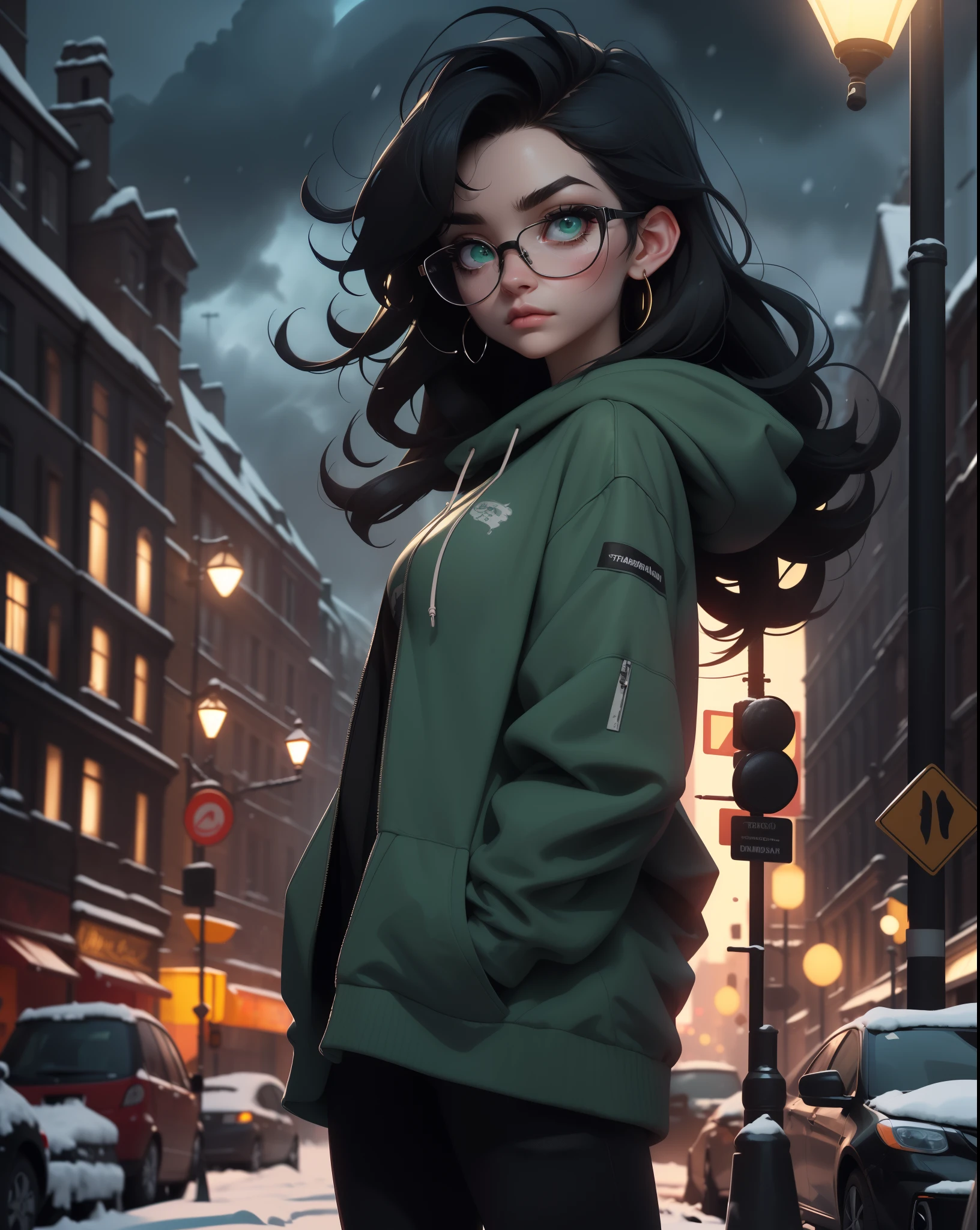Best quality, volumetric lighting, cinematic lighting, masterpiece, ultra high res, 4k, (soft round detailed face), (sad expression), (detailed green eyes), bags under eyes, thick eyebrows, depressed, melancholy, (wearing rounded glasses), (very pale light skin), detailed black hair, ((long messy greasy hair)), (plain black hoodie), black stud earrings, black nail varnish, unwashed, unkempt, disheveled, sodium streetlamps, midnight, dark clouds, London, snow