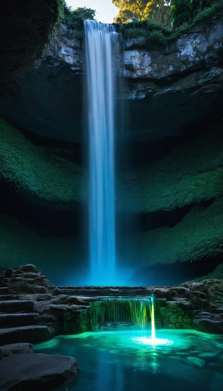 A glowing waterfall with a clear pool and an ancient coin.