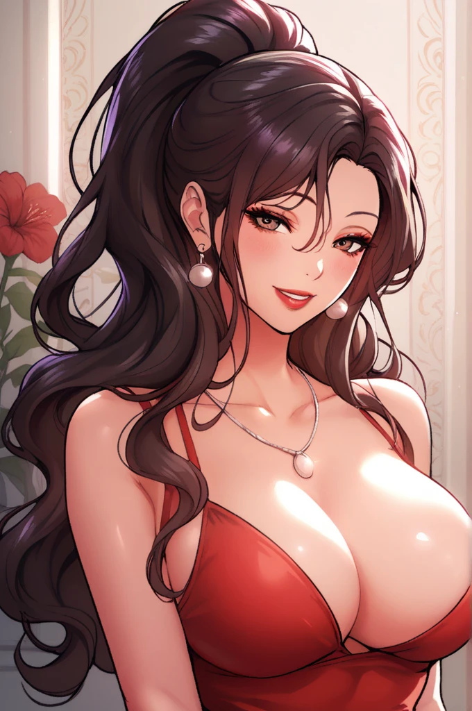 score_9, score_8_up, score_7_up, score_6_up, score_5_up, score_4_up, yu hee, brown eyes, black hair, long hair, large breasts, red short dress, bare shoulders,Hot, sexy, beautiful , perfect body, big silver chandelier earrings, smiling, necklace , red lipstick ,hair ponytail ,red flowers brochure,