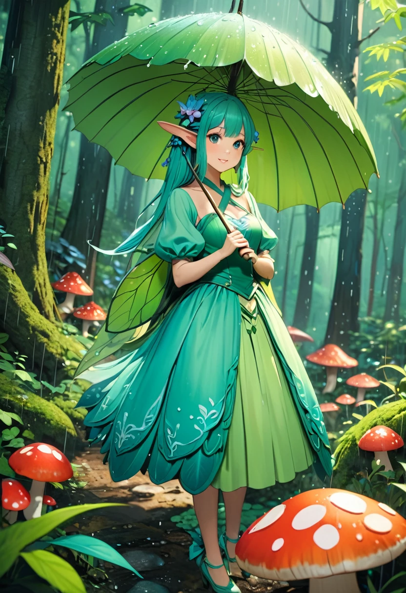 detailed, 8K, Movie angle, in the rain、A fairy woman holding a mushroom umbrella stands in the forest。.