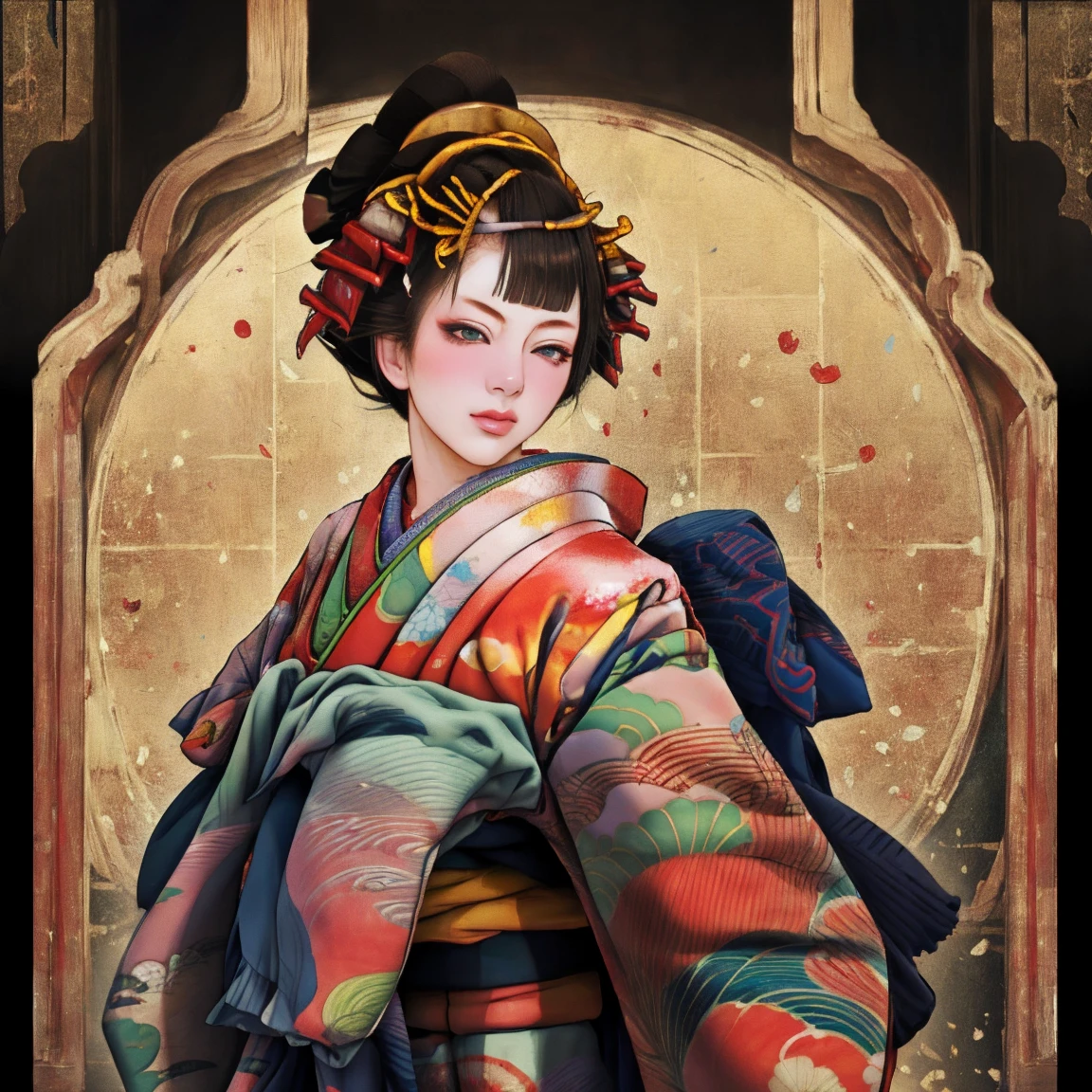 1 Girl, alone, Oiran, Maiko, country, Looking at the audience, short hair, Brown eyes, Brown Hair, Black Hair, hair ornaments, Upper Body, kimono, Blunt bangs, kimono, sash, Compensate, Bob cut hair,
