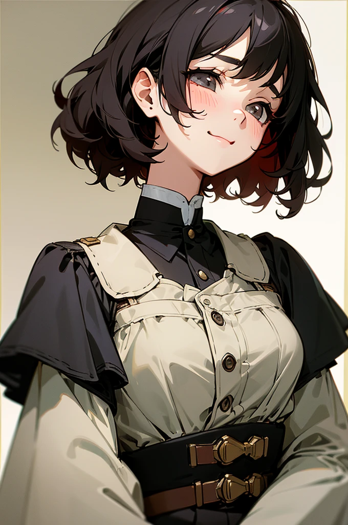 a cute girl, gorgeous face, has a sleepy look, a soft expression and a sleepy aura, she is smiling a little, curly short hair, black hair with red highlights, sleepy gray eyes, wears a military outfit from the Victorian era, small breast, , anime style.