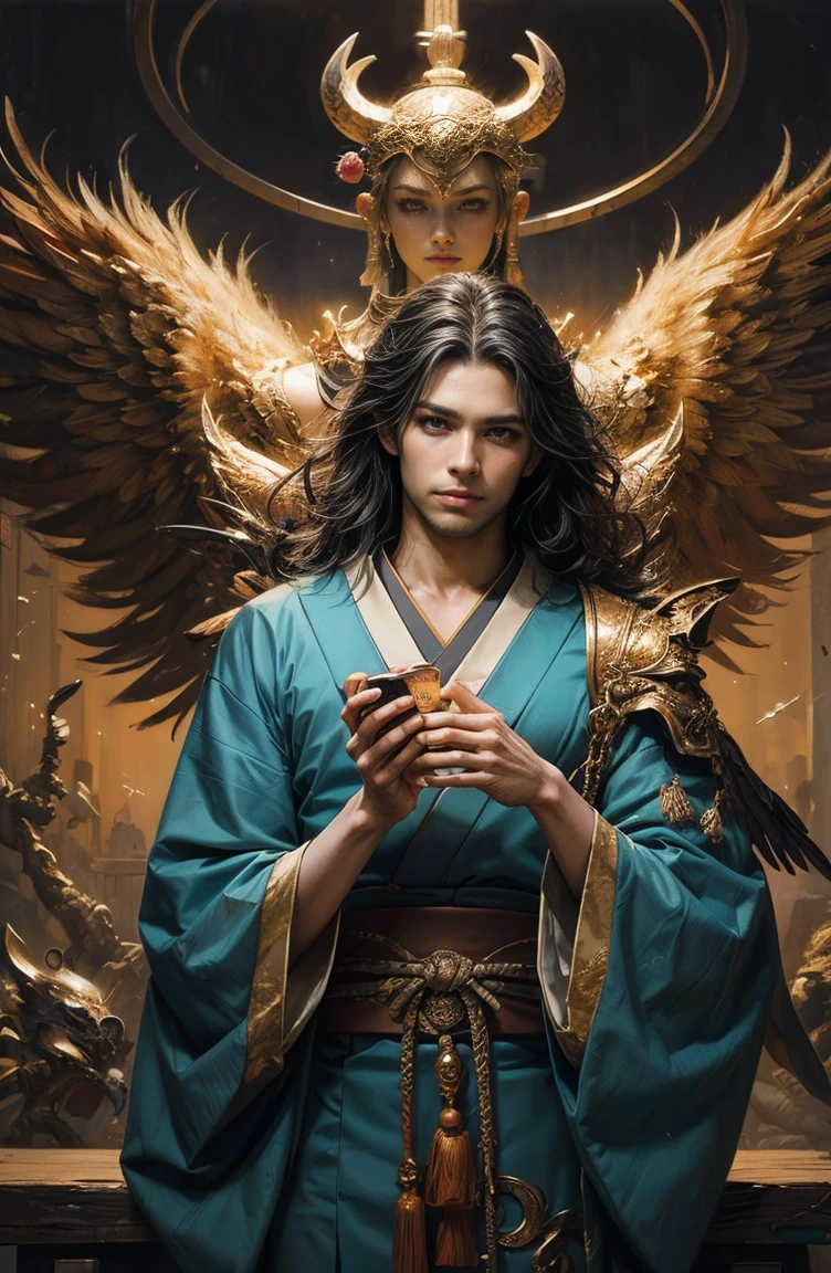 (Tabletop, Highest qualityの, ((((((male))))))、Highest quality, Official Art, (beautifully、beautiful:1.4),(((((Japanese))))) 、(Oil painting:1.4) ),(Beautiful Faces) 、(Lucifer), 日本god話のgod様々々, Fleeting beauty, 星空に照らされるgod秘的な存在, Winged Angel、god'Grace, Calm and thoughtful expression, Flowing Heavenly Robe, Dazzling silver stars light up the night view, Dance of shadows and lights, Whispers of Ancient Legends、