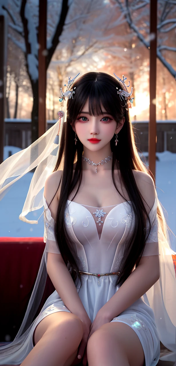 best qualityer,8K, tmasterpiece, A high resolution, 1girll, Clear silk porcelain dress, Fur coat, hair adornments,Delicate face shape,Perfect face shape, ssmile, Keep one's mouth shut, cparted lips,Large breasts,Shoulder, shift dresses, hair adornments, choker necklace, jewely, Chinese outfit, long whitr hair, 耳Nipple Ring, Detailed beautiful eyes, detailed eyelashes, beautiful face,after sexing_Body,Slender and long legs, Tyndall effect,realisticlying, edge lit, twotonelighting,(highdetailskin:1.2), 8K, Ultra HD, digital SLR camera, gentle illumination, high high quality, Volumetriclighting, Frankness, photore, A high resolution, Bokeh, at a forest, Falling snow, Winters, in the afternoon