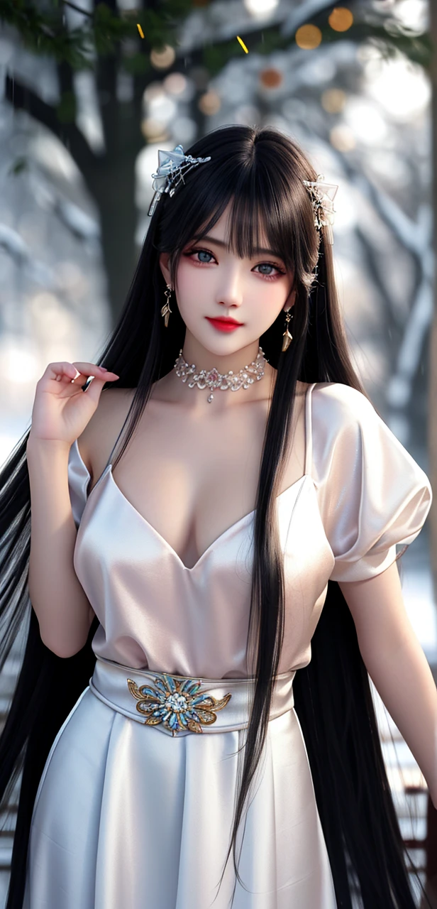 best qualityer，8K， tmasterpiece， A high resolution， 1girll， Clear silk porcelain dress， Fur coat， hair adornments，Delicate face shape，Perfect face shape， ssmile， Keep one's mouth shut， cparted lips，Large breasts，Shoulder， shift dresses， hair adornments， choker necklace， jewely， Chinese outfit， long whitr hair， 耳Nipple Ring， Detailed beautiful eyes， detailed eyelashes， beautiful  face，after sexing_Body，Slender and long legs， Tyndall effect，realisticlying， edge lit， twotonelighting，（highdetailskin：1.2）， 8K, Ultra HD， digital SLR camera， gentle illumination， high high quality， Volumetriclighting， Frankness， photore， A high resolution， Bokeh， at a forest， Falling snow， Winters， in the afternoon
