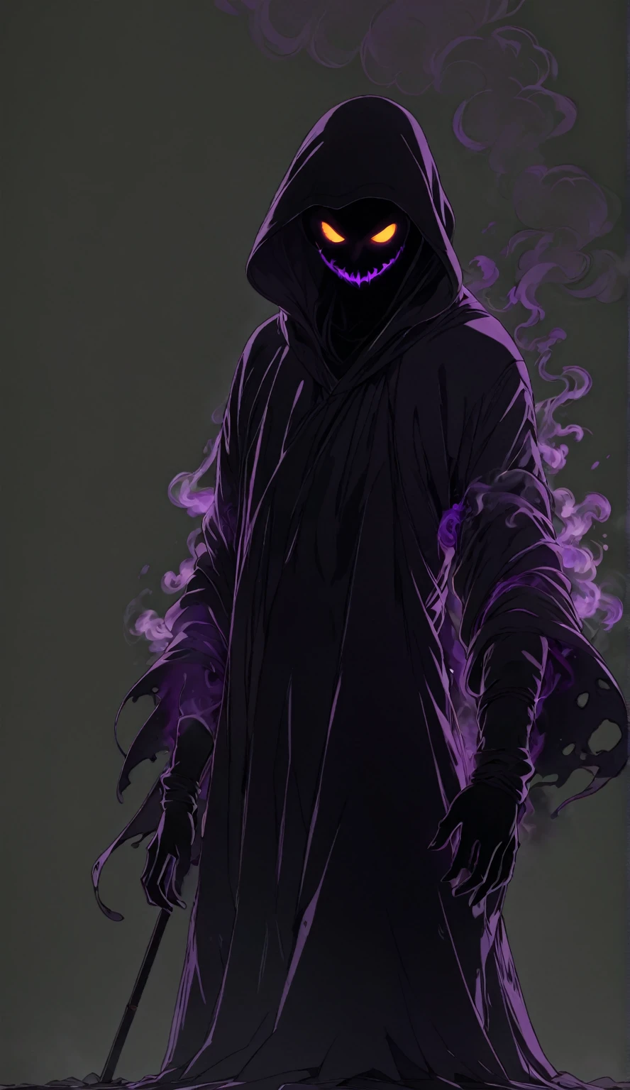 beautiful illustration, ultra-detailed, masterpiece, anime style, character, black ghost, a lot of smoke, violet outline, scary, glowing eyes, abstract character, ghost, made of smoke