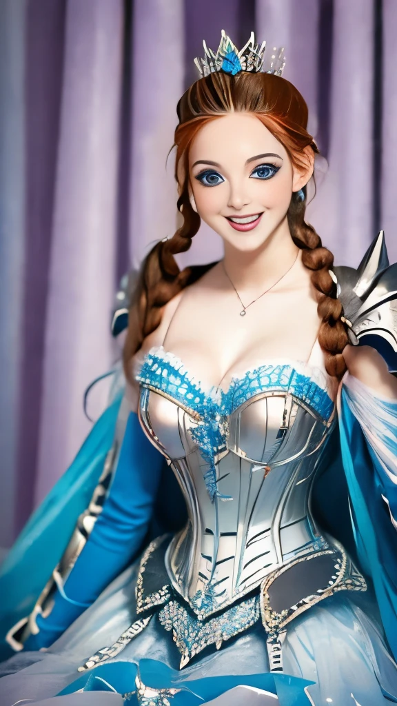 The princess stands before you, clad in an armor of ice that transfigures her into a true queen of the snowy realm. Each armor piece is a frozen masterpiece, crafted with painstaking precision. The shoulder pads exhibit ice spikes, acting as chiseled defenses that glisten with reflected shades of blue and white. Intricate designs of frosted crystals embellish every surface, presenting a mesmerizing display that seems to sway under the light. Translucent plates shield her chest, akin to living glass, reflecting and scattering light into a myriad of shimmering tones. Delicate ice pendants dangle from her armor, emitting a soft,