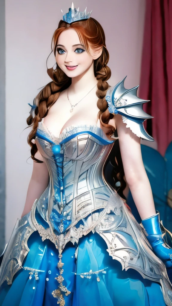 The princess stands before you, clad in an armor of ice that transfigures her into a true queen of the snowy realm. Each armor piece is a frozen masterpiece, crafted with painstaking precision. The shoulder pads exhibit ice spikes, acting as chiseled defenses that glisten with reflected shades of blue and white. Intricate designs of frosted crystals embellish every surface, presenting a mesmerizing display that seems to sway under the light. Translucent plates shield her chest, akin to living glass, reflecting and scattering light into a myriad of shimmering tones. Delicate ice pendants dangle from her armor, emitting a soft,