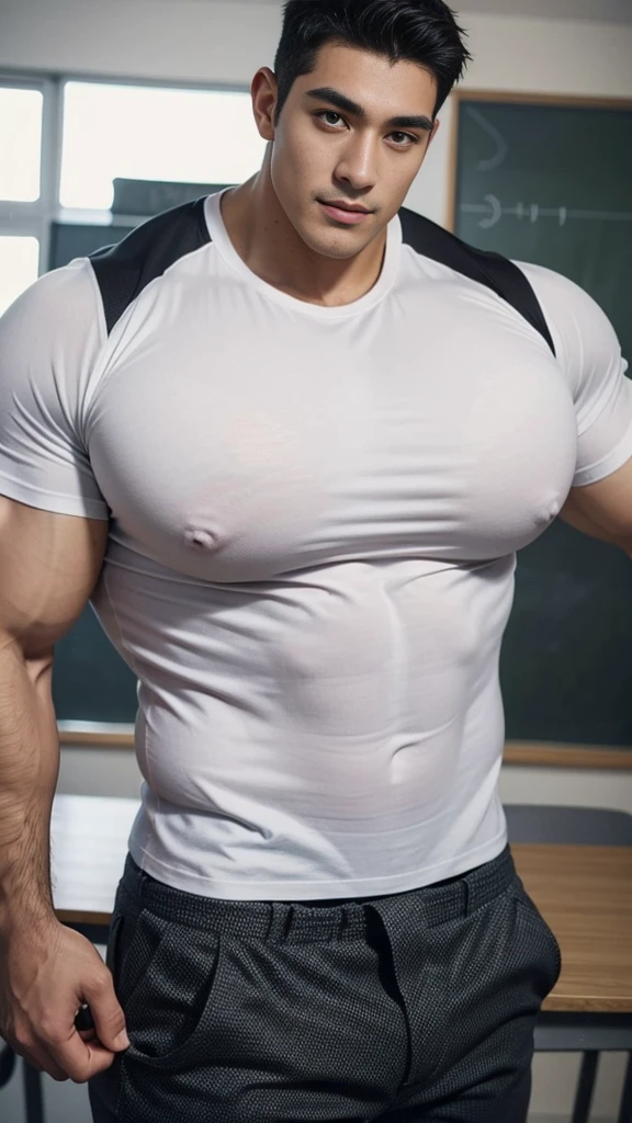 Male, handsome, young, (((gigantic pecs:1.1))), (tight shirt:1.2), ((teacher)), cheerful face