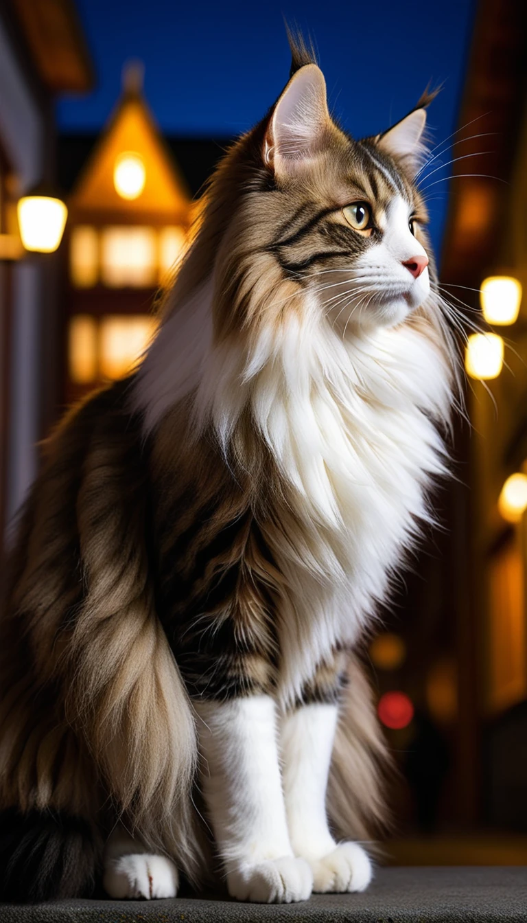 There is no one, realistic photo, photo realism, realism, 노르웨이 숲cat (Norwegian Forest Cat) cat, perfect composition, intricate details, Very sharp, masterpiece, profile, high resolution, looking at the viewer, full body photo in city night view