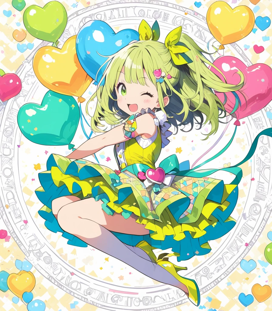 extremely detailed 8K CG, ultra-detailed:1.3, ultra delicate and detailed face:1.3, (absurdres, texture, masterpiece), pixiv contest winner, by Posuka Demizu, from side, full body:1.3, Dynamic manga-style illustration of magical girl looking to the right side, throwing kisses with winking cutely, BREAK Her body and face are facing directly to the right., cute expression, The world is full of pop, kitsch, and cuteness, with a yellow and blue-green color scheme, She wears a heart-patterned balloon skirt and a glass She's wearing stiletto heels. zentangle magic circle background,