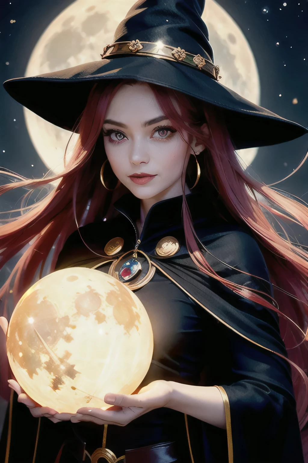Highest quality,girl, (Elf:0.7) woman, witch，Pointed hat, Black Robe,Red eyes, Red Hair,Shiny Hair,Beautiful Skin，
Portraiture, alone,Upper body close-up, Detailed Background,  A light smile, With a round crystal，A large golden full moon in the background, A fantastic atmosphere, Hair blowing in the wind,  (Style - Swirl Magic:0.8), Suspended particles, Backlight
