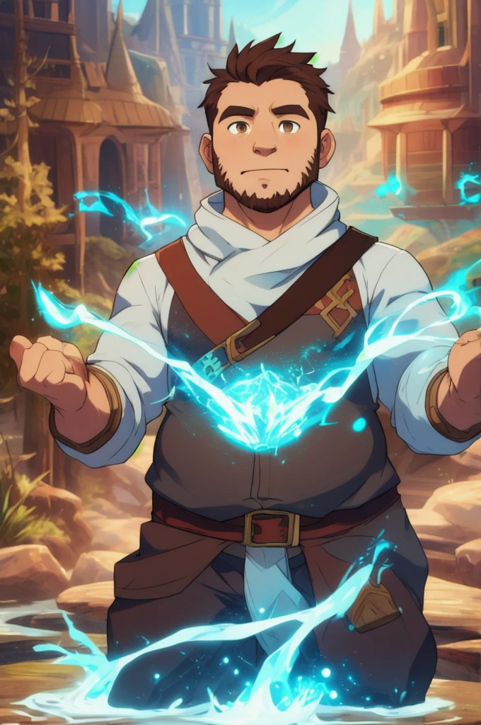 vox machina style, chubby human male, 1boy, solo, ((masterpiece)), detailed background, beautiful brown eyes, magic, overexposure,