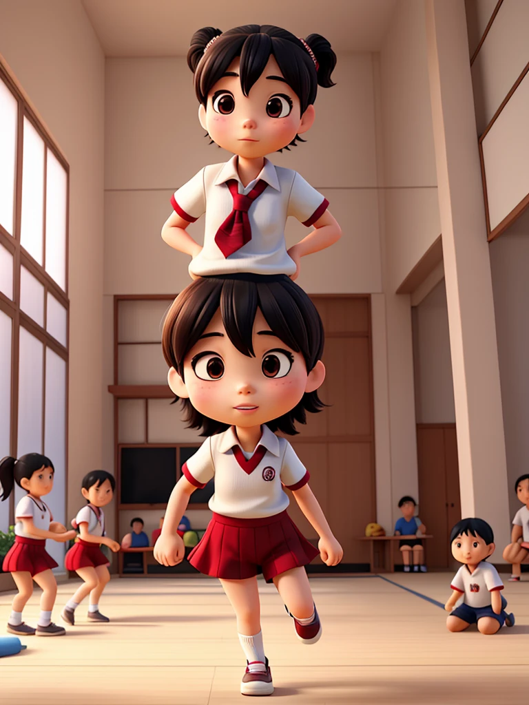 Japanese School Physical education class , healthy Eros , halation , ugly girl , round face , loose body , (Bloomers) , basketball , motion blur , dynamic play