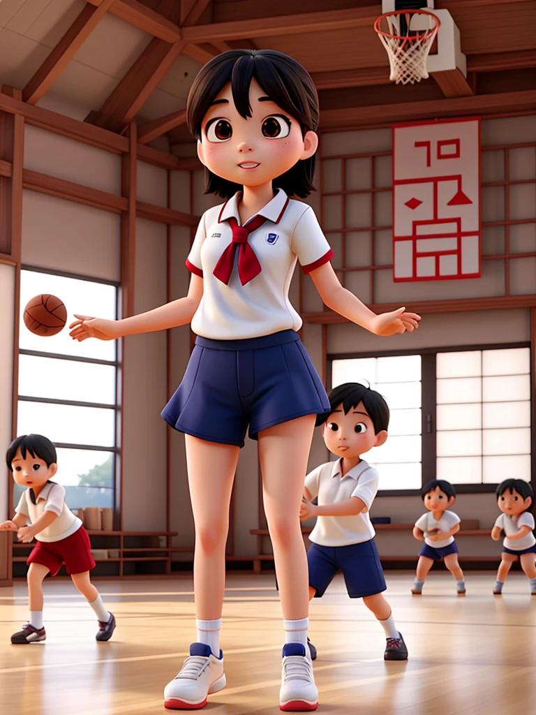 Japanese School Physical education class , healthy Eros , halation , ugly girl , round face , loose body , (Bloomers) , basketball , motion blur , dynamic play