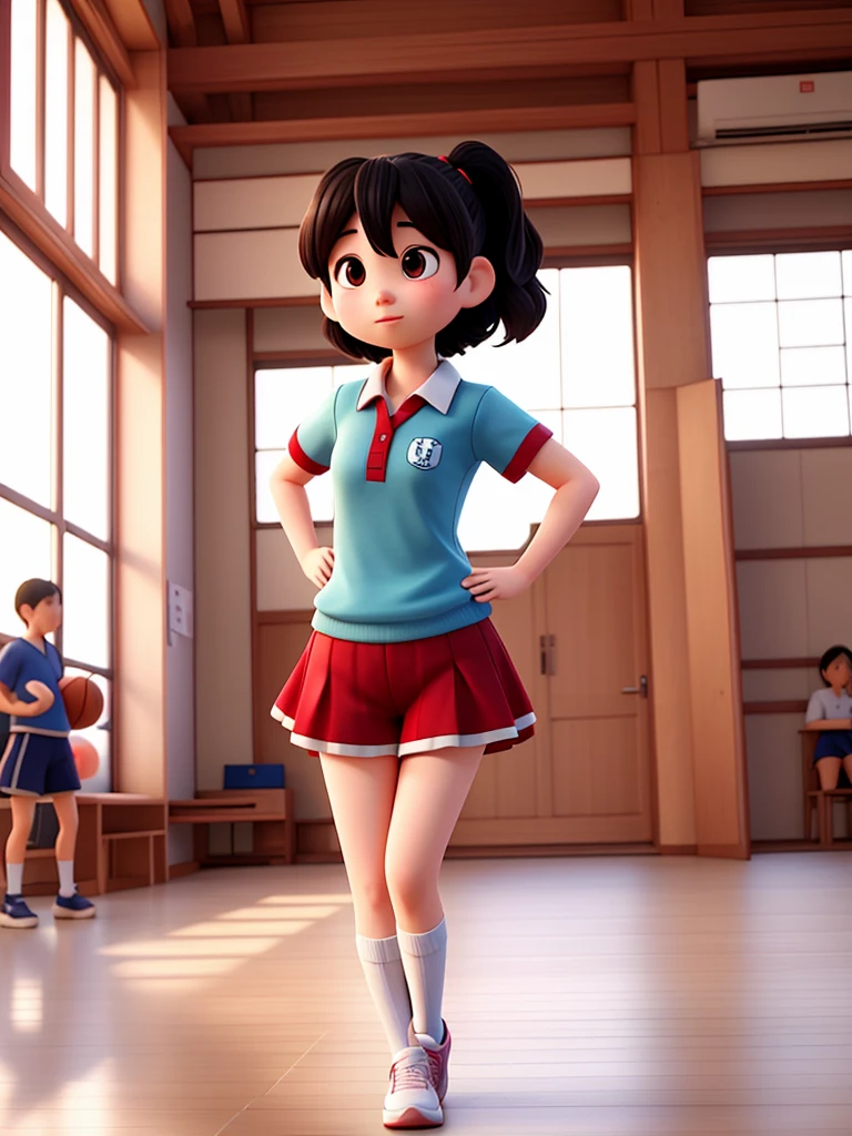 Japanese School Physical education class , healthy Eros , halation , ugly girl , round face , loose body , (Bloomers) , basketball , motion blur , dynamic play