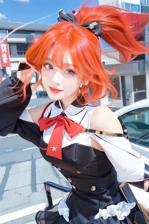 Beautiful girl with red hair and a bow in a city, ayaka genshin impact, ayaka game genshin impact, from the azur lan