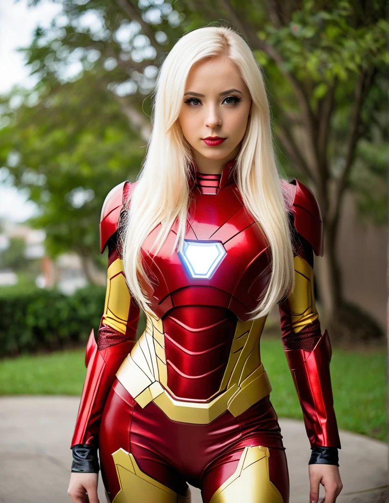 very attractive 25 year old girl with long platinum blonde hair, wearing skin tight latex iron man cosplay outfit. very realistic