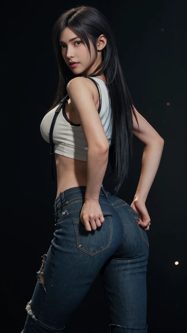 8K, Top Quality, Intricate Details, Ultra Detail, Ultra High Resolution, Masterpiece, close up shot, shot from behind, (Looking back), (full body: 1.1), Slender, Smile, (Makeup: 0.4), ,(( red eyes, black hair, bangs, long hair)), (Fluffy Eyes: 1.21), (()), 1girl, solo, 1 girl, ((Tifa,Tifa・lockhart,Final Fantasy 7,FF7,l)), close up shot, , ((tall)), (((fit body))), (((slim face))), sharp face, (()) ,(detailed face), sharp face, small lips, , ,(( ass up, butt cheek,)) ,, ,
((,torn top, torn pants, hot pants, ripped top, ripped pants )), , ((torn denim )), detailed face, detailed breast, huge breast, detailed ass , detail nipples ,, Narrow Waist, Skinny, tall , 190 cm tall, Muscular, Navel, Exposed Abdomen, Pointed Chest,, Beautiful girl with accentuated slender abs: 1.4, Six Pack Abs: 1.4, , Perfect Body, detail legs, (( dark background)), black background,