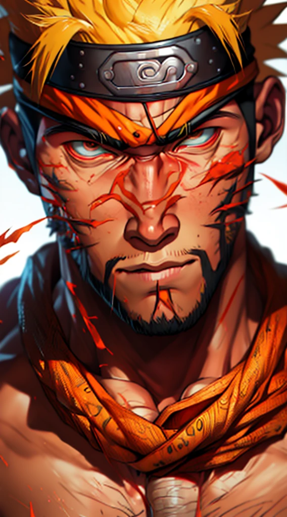 Naruto, Naruto uzumaki, Create a mascular Naruto uzumaki avatar, a close badass look. Inspired by Naruto uzumaki from Naruto, photo (photorealism) (realistic) (ultra HD) (8k wallpaper) (fine details) (extreme details on face)