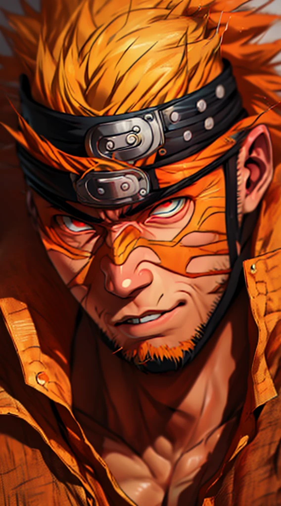 Naruto, Naruto uzumaki, Create a mascular Naruto uzumaki avatar, a close badass look. Inspired by Naruto uzumaki from Naruto, photo (photorealism) (realistic) (ultra HD) (8k wallpaper) (fine details) (extreme details on face)