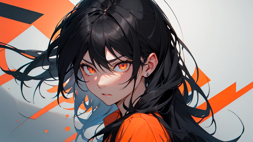 Girl with orange eyes and black hair looking to the side. 1 person,She has long black hair . She has orange eyes、Has a serious expression。.