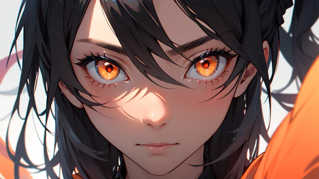 Girl with orange eyes and black hair looking to the side. 1 person,She has long black hair . She has orange eyes、Has a serious expression。.