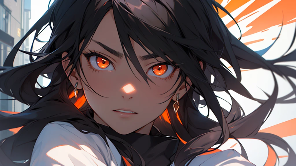 Girl with orange eyes and black hair looking to the side. 1 person,She has long black hair . She has orange eyes、Has a serious expression。.