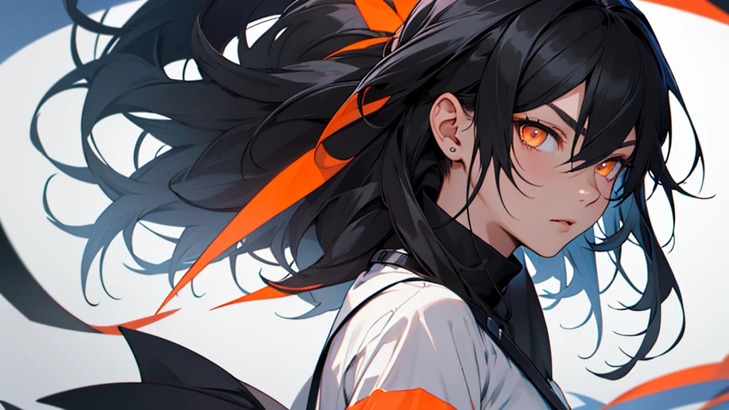 Girl with orange eyes and black hair looking to the side. 1 person,She has long black hair . She has orange eyes、Has a serious expression。.