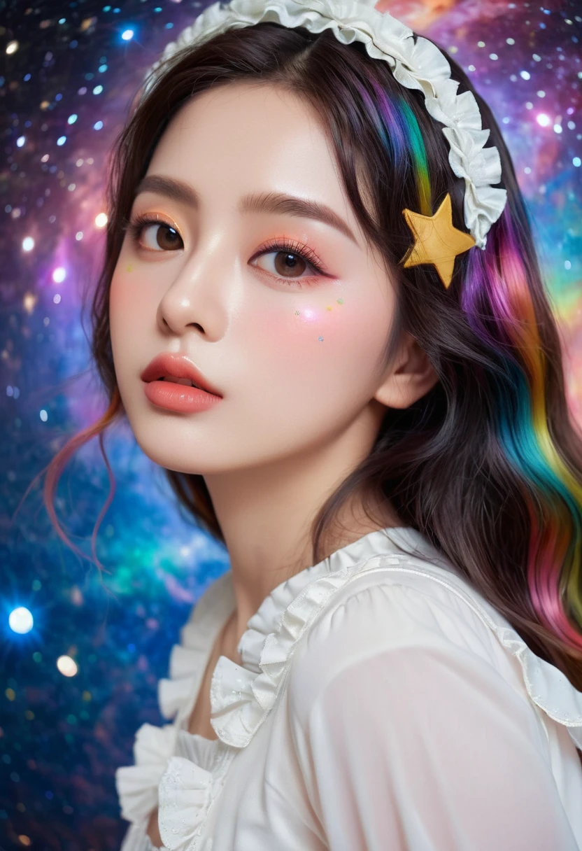 masterpiece, best quality, masterpiece, God-like quality, Godly Art, Highly detailed face, whole body, Highly realistic, Lovely, Young Girls, big eyes, Long eyelashes, Colorful hair, Colorful eyes, Glowing skin, Full lips, thick lips, Glowing skin, blush, Magnificent views, In space, Starry sky background, Star, Shining light, Colorful light, Maid costume