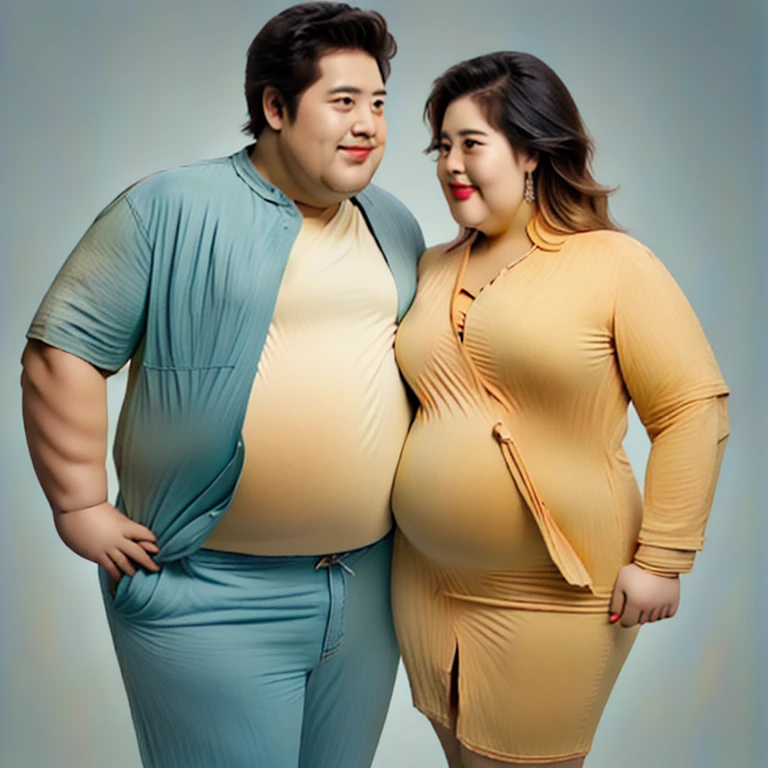 A friendly obese man and woman couple, belly and chest touching, Women are fatter than men, abdominal exposure, photorealistic, 8K