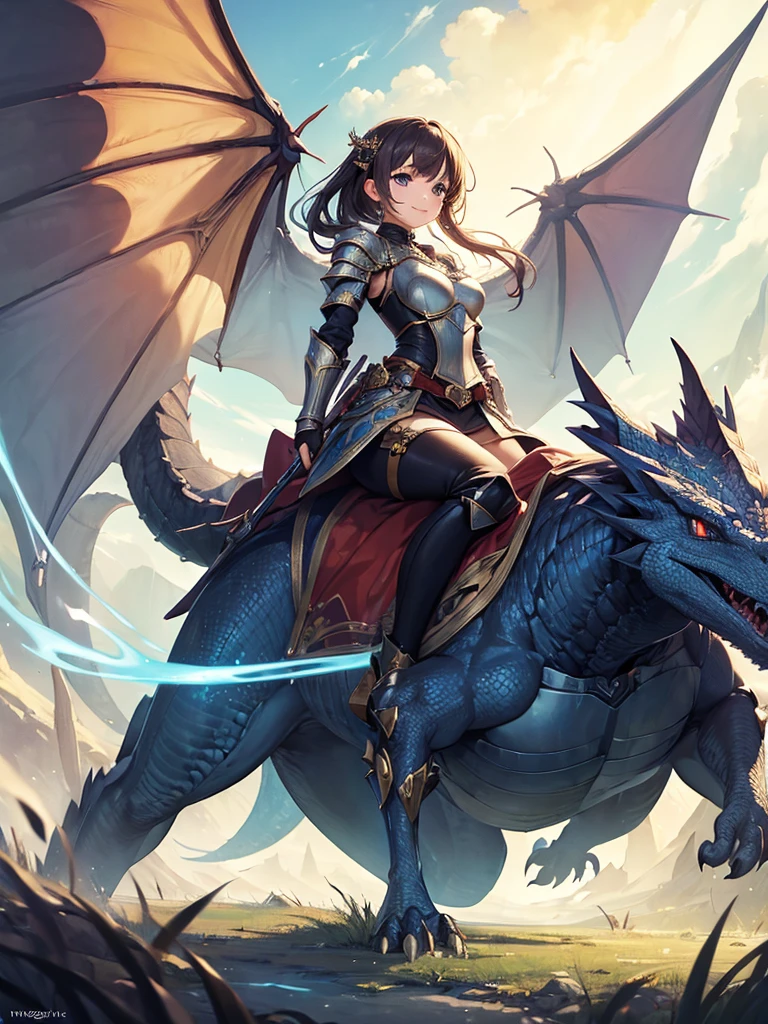 (masterpiece:1.5),(Beat quality),(high res),1girl solo,beautiful face,smile(shining eyes),upper body,light effects,Female knight riding a dragon,The background is a fantasy world